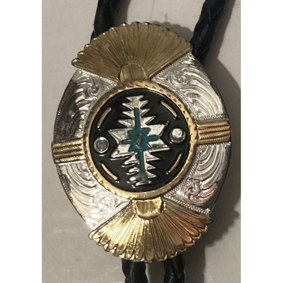 Vintage Metal Bolo Tie, Silver and Brass, Native Design, Montana Silversmiths, - Picture 1 of 6